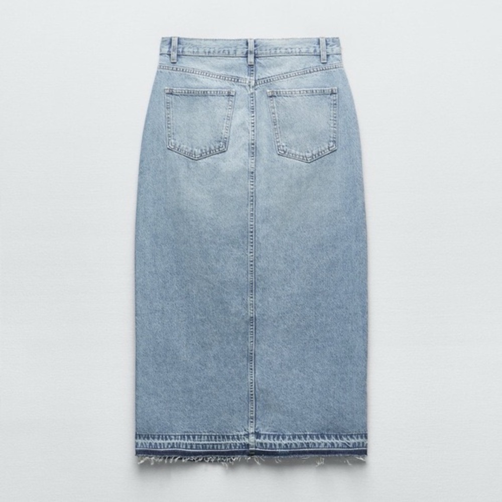 ZARA Light Wash Denim Distressed Hem Straight Midi Maxi Front Slit Cotton Skirt - Picture 13 of 16